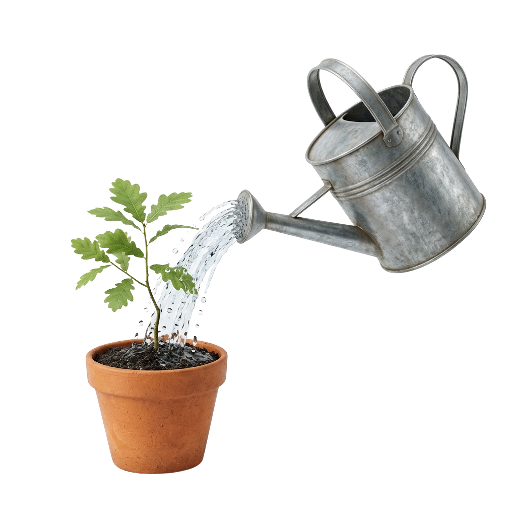 A metal watering can pouring water onto a small green plant in a terracotta pot