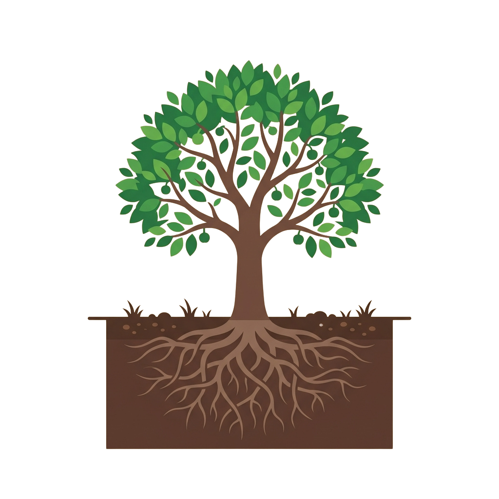 Illustration of a tree with visible roots underground and green leaves above ground