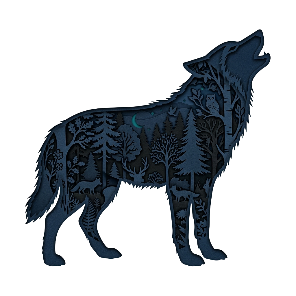 A stylized wolf silhouette filled with detailed forest and tree patterns, glowing blue on a dark background.