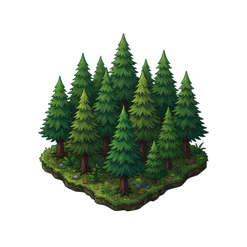 An isometric view of a dense forest with tall evergreen trees and green undergrowth on a dark background