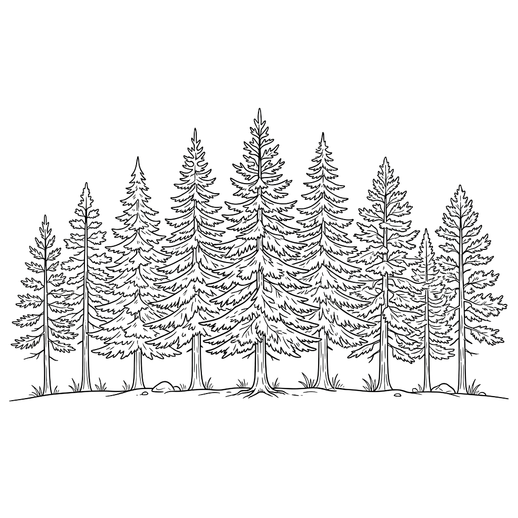A detailed white line drawing of a dense forest with tall pine trees against a black background.