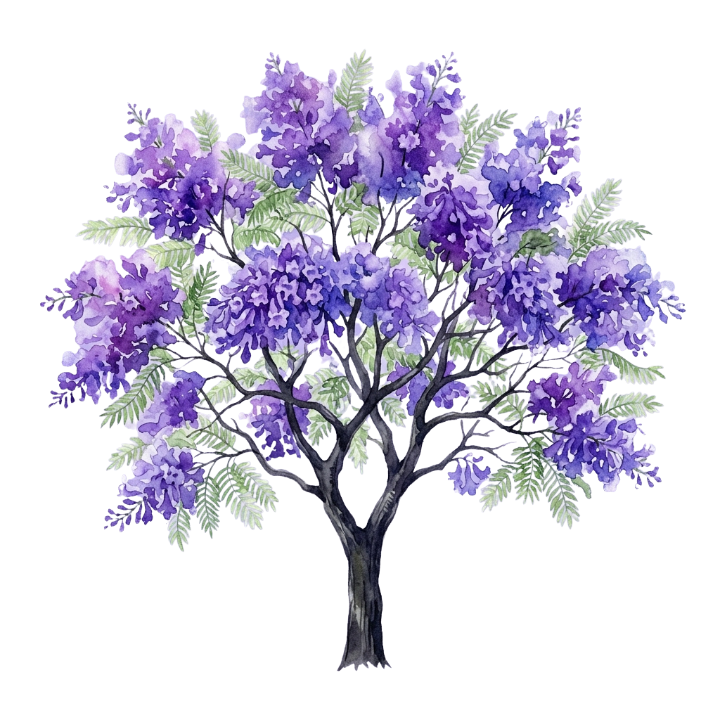 Illustration of a tree with purple flowers and green leaves on a black background
