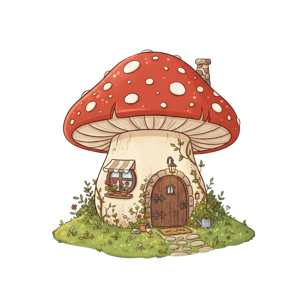 A charming cartoon mushroom house with a red cap, white spots, and a small wooden door and window