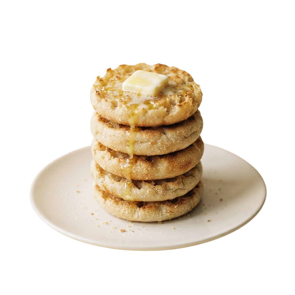 Five golden buttermilk biscuits stacked with a pat of butter on top, placed on a white plate.