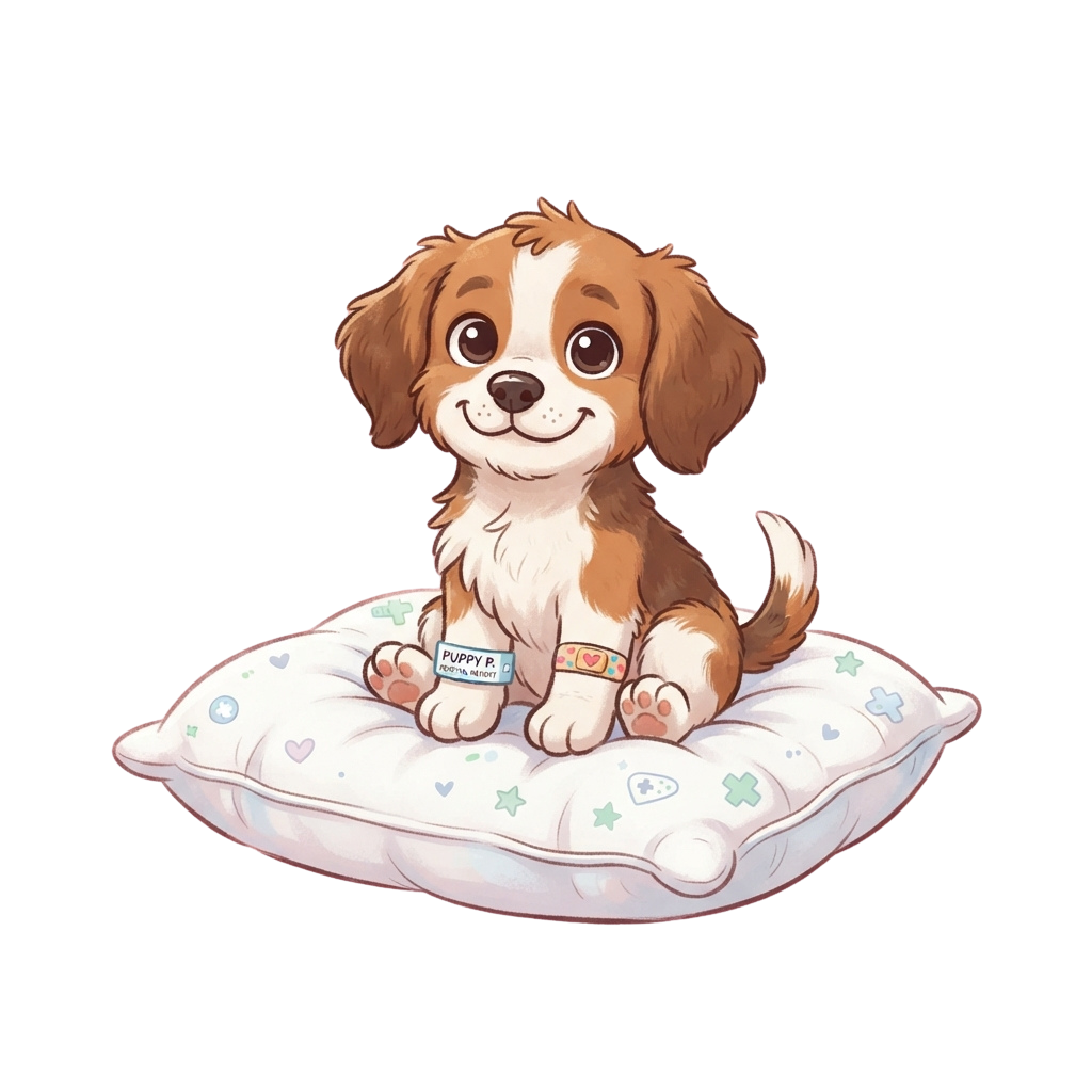 A cheerful cartoon puppy with floppy ears sitting on a light-colored cushion with small stars and hearts pattern