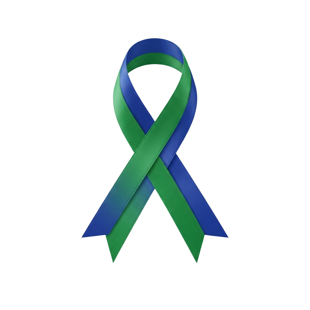 A ribbon symbol with blue and green colors tied in a bow shape on a black background