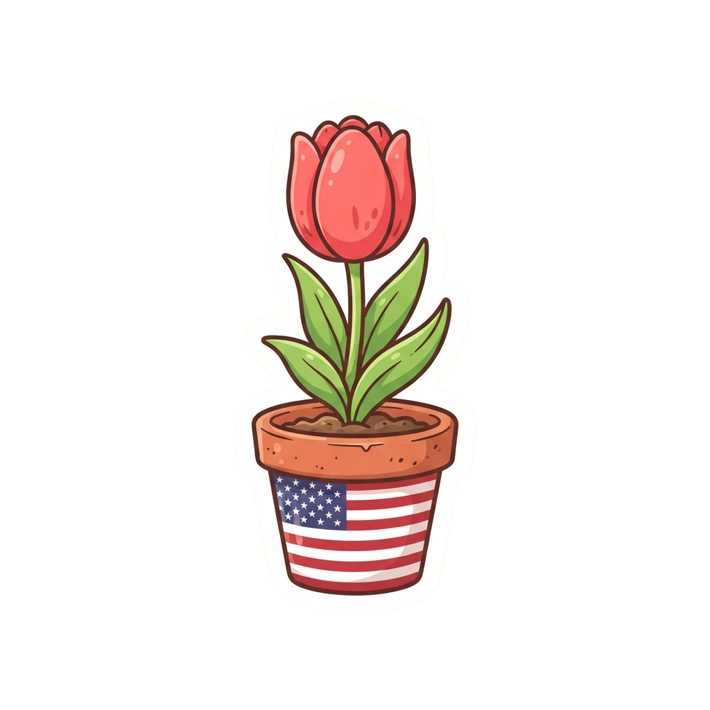 Illustration of a red tulip in a terracotta pot decorated with the American flag pattern