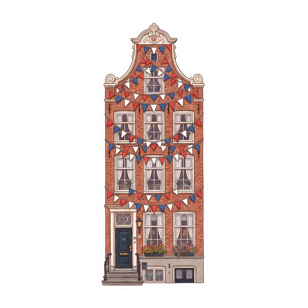 Illustration of a three-story brick house with red and blue triangular bunting and white curtains on windows