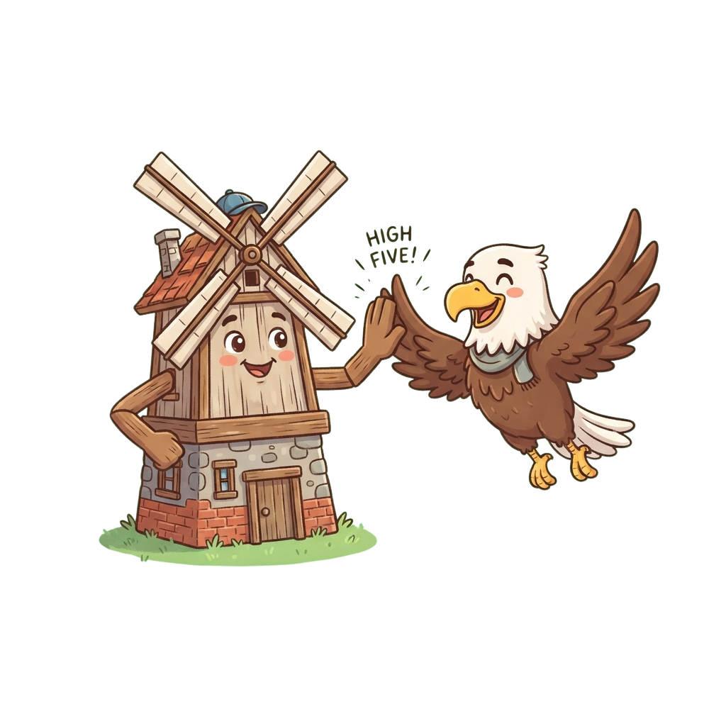 Animated windmill with arms giving a high-five to a cartoon eagle
