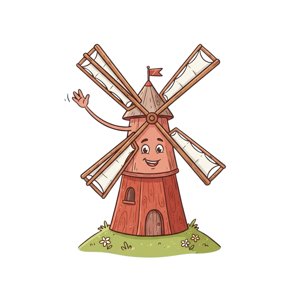 A smiling cartoon windmill with four blades waving one arm cheerfully against a black background