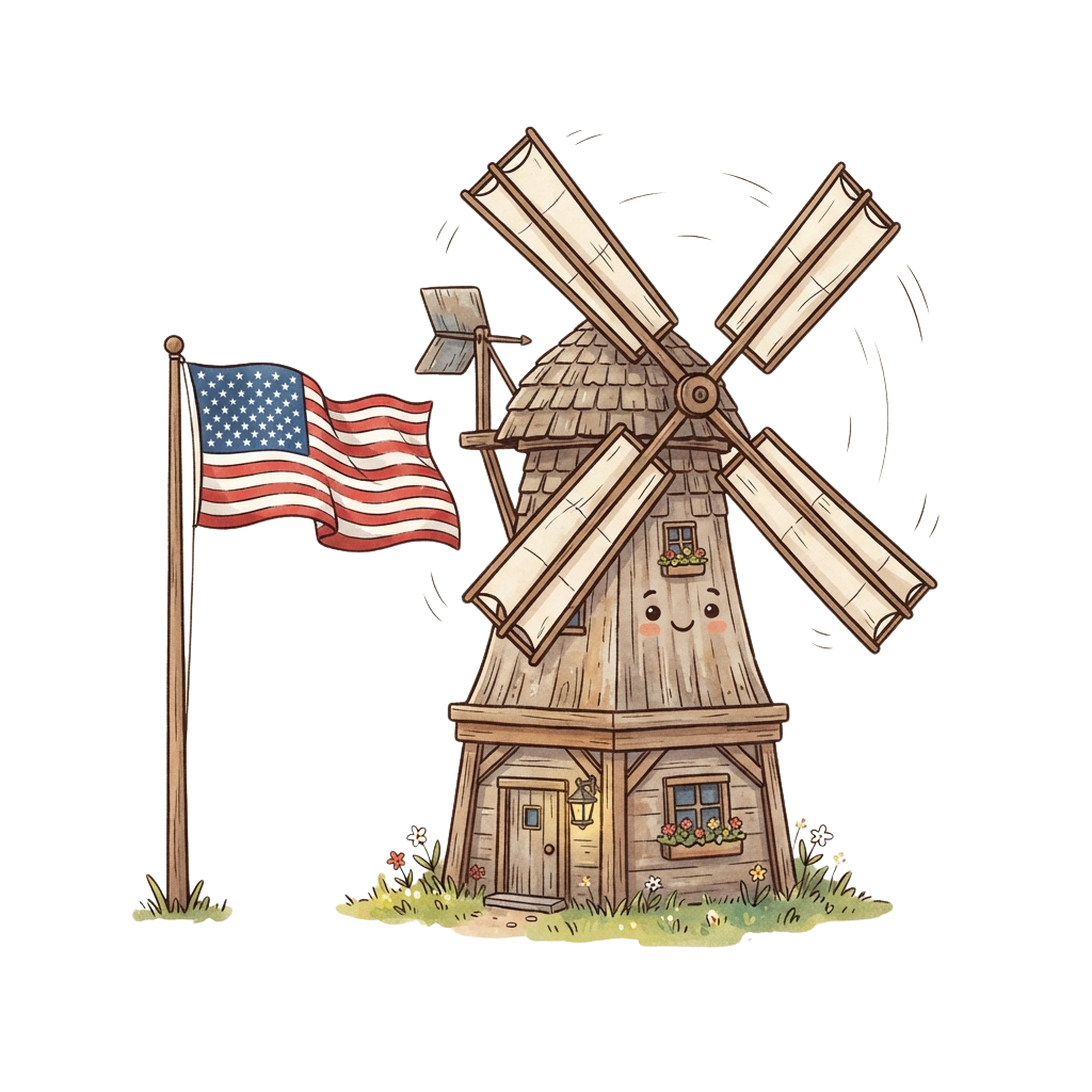 Illustration of a smiling wooden windmill with an American flag waving nearby