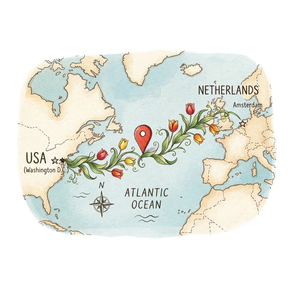 Illustrated world map showing a tulip vine route between Washington DC in USA and Amsterdam in Netherlands with a compass and ocean.