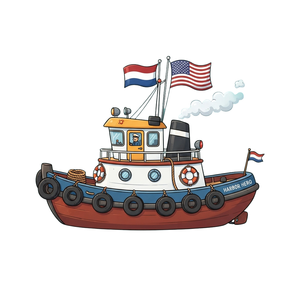Illustration of a tugboat named Harbor Hero with Dutch and US flags flying, emitting smoke.