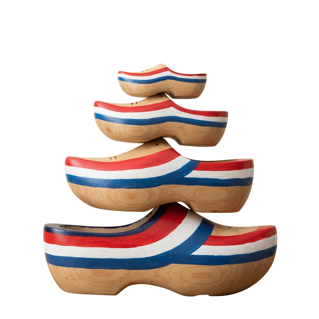 Four wooden clogs stacked to resemble a Christmas tree, painted in red, white, and blue stripes.