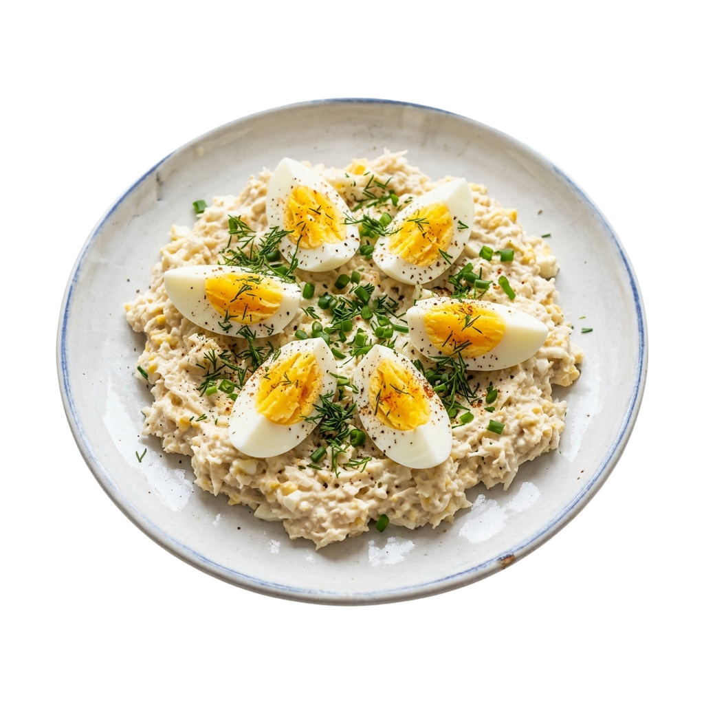A white plate with creamy grains topped with sliced hard-boiled eggs and chopped green herbs.