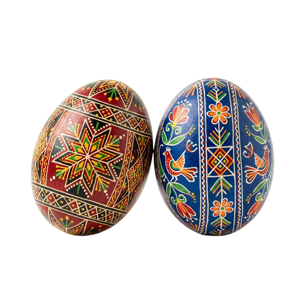 Two intricately decorated eggs featuring geometric and floral designs in vibrant colors.