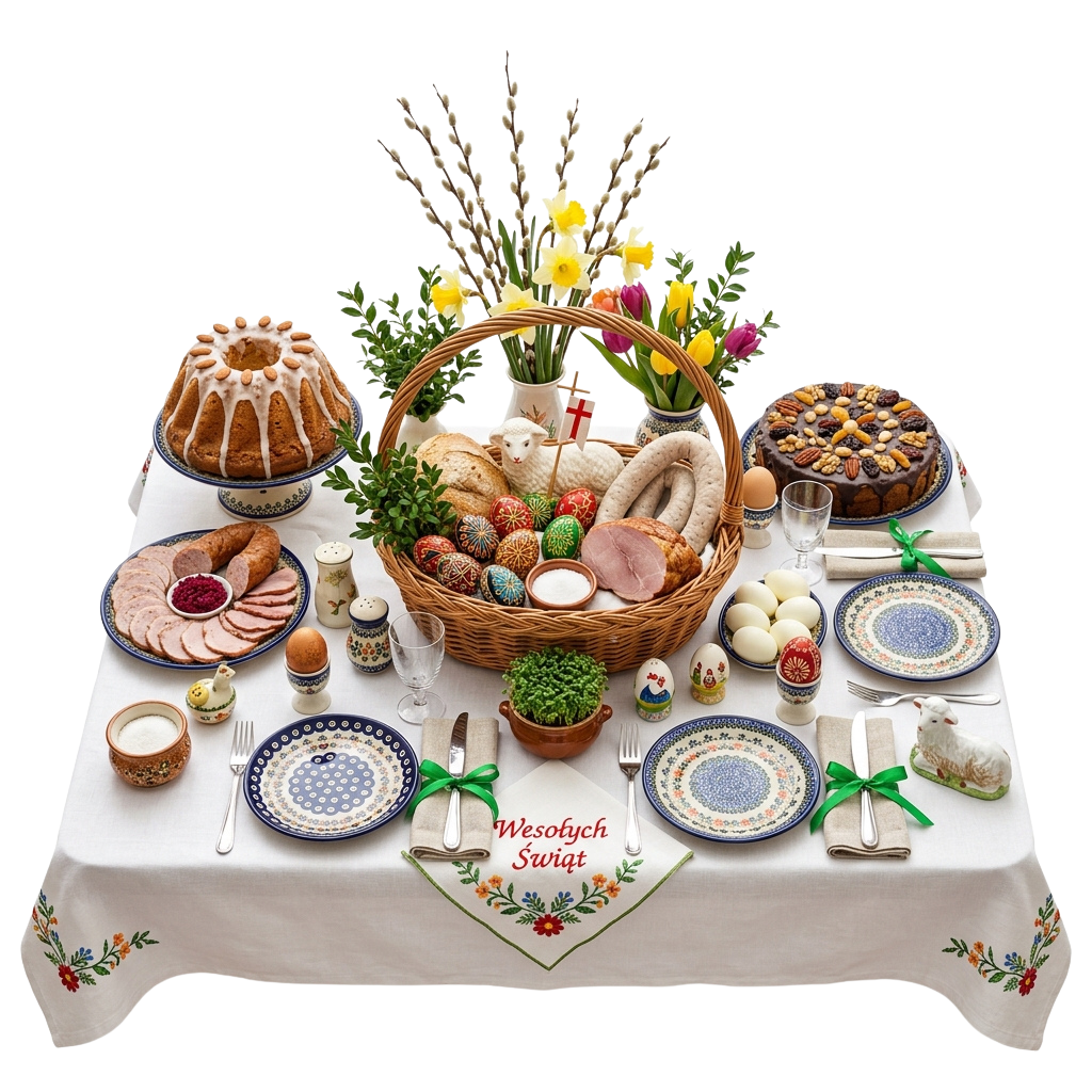 Easter table display featuring decorated eggs, bread, ham, cakes, flowers, and traditional Polish Easter items