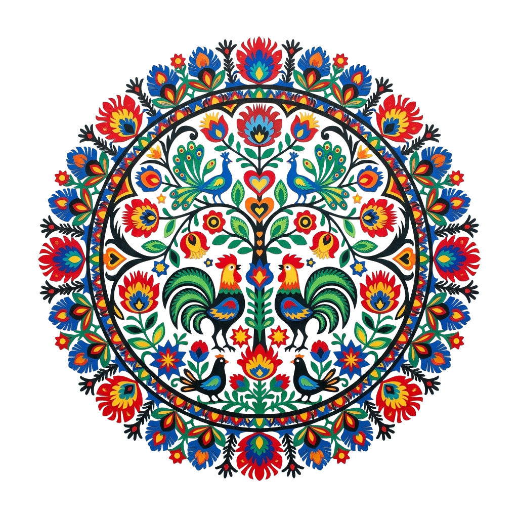 Colorful circular embroidery pattern featuring flowers, roosters, and intricate designs in red, blue, green, and yellow on black background