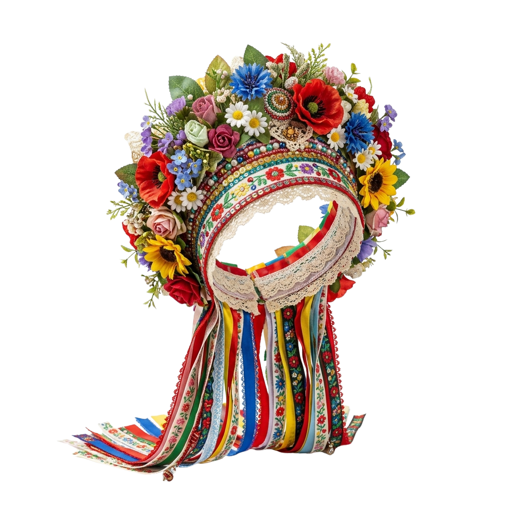 Decorative headpiece adorned with flowers and ribbons hanging down