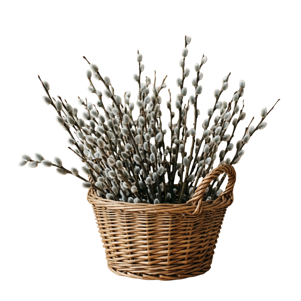 A woven basket filled with pussy willow branches and buds against a black background