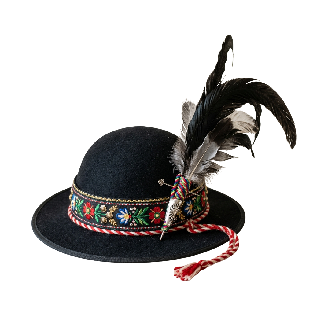 Black hat with colorful embroidered band and black and white feather decoration