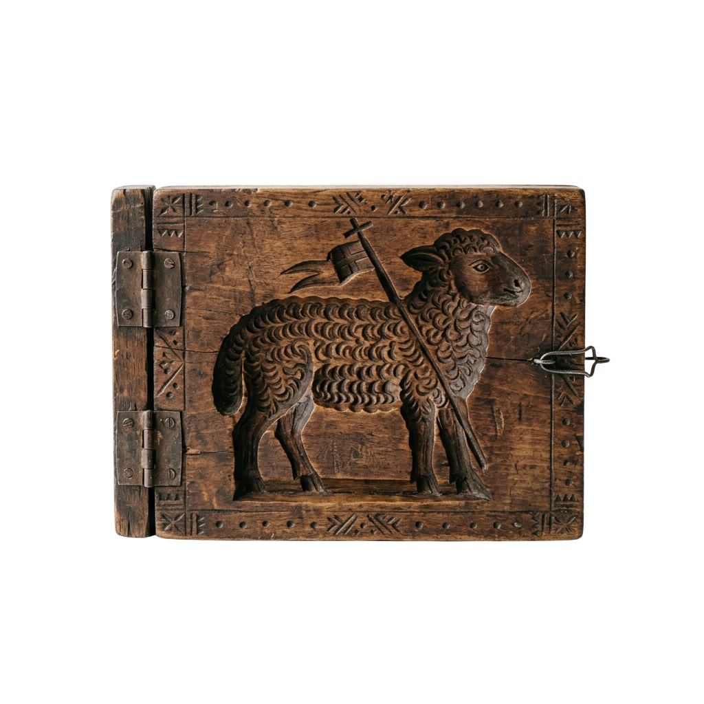 A wooden box featuring a carved sheep holding a cross-shaped staff, framed by intricate geometric designs.