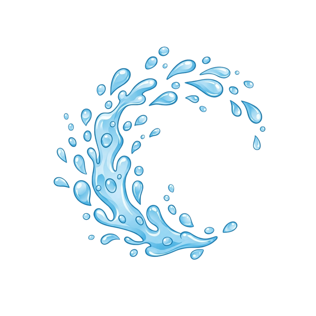 A dynamic blue water splash illustration with droplets and flowing liquid against a black background