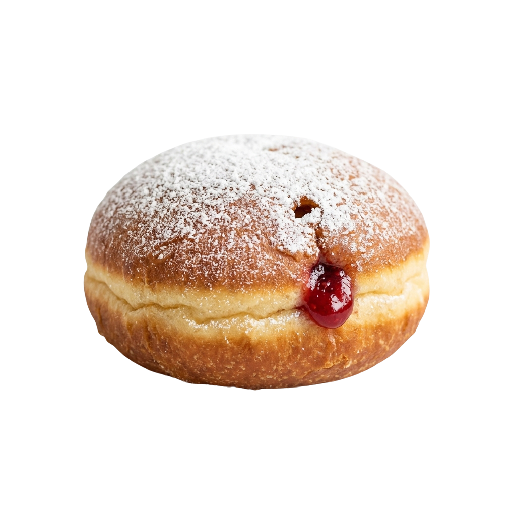 A powdered sugar donut with a cherry dripping red filling on top