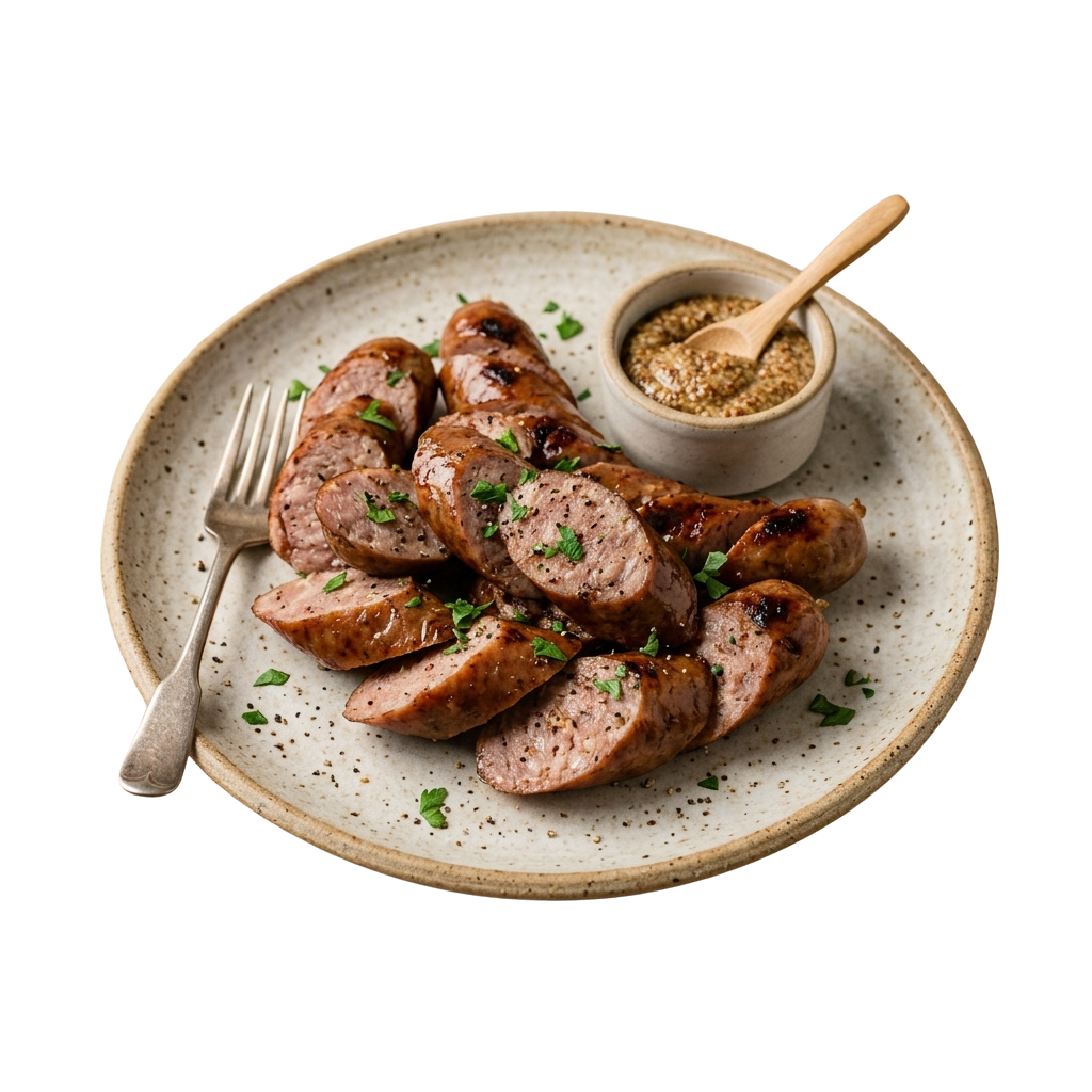 Grilled sausages on a plate with a small bowl of seasoning and a fork