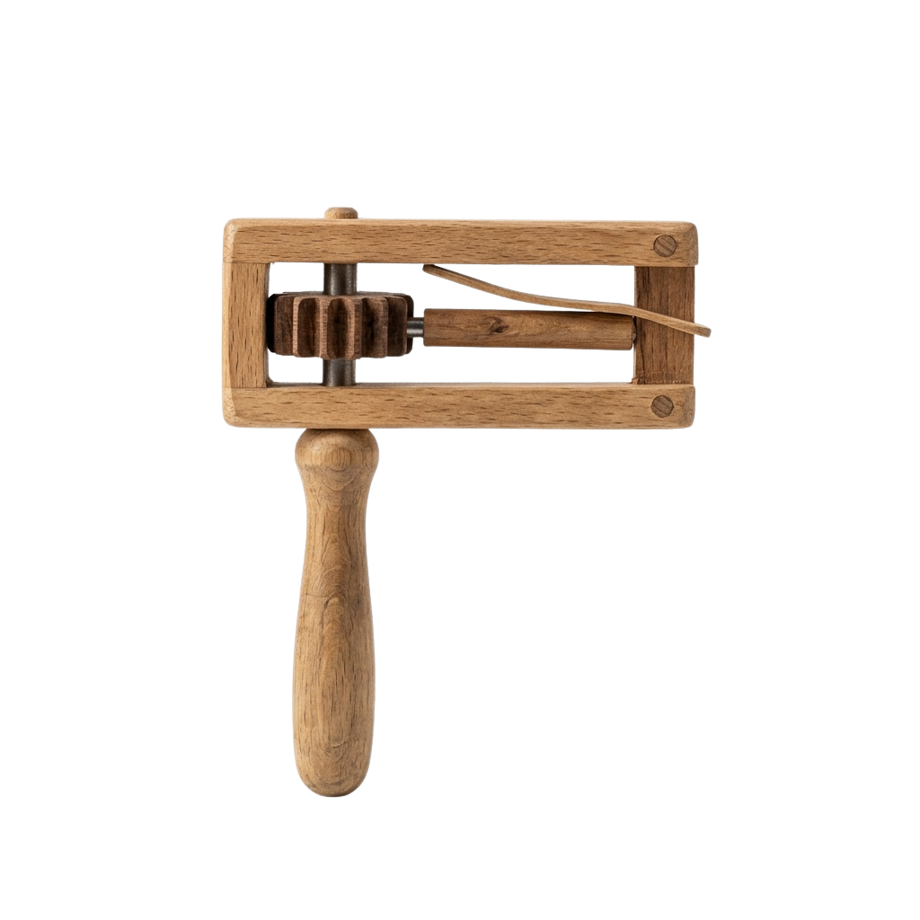 A wooden hand cranked tool with a gear mechanism and a wooden handle, used for sewing or crafting.