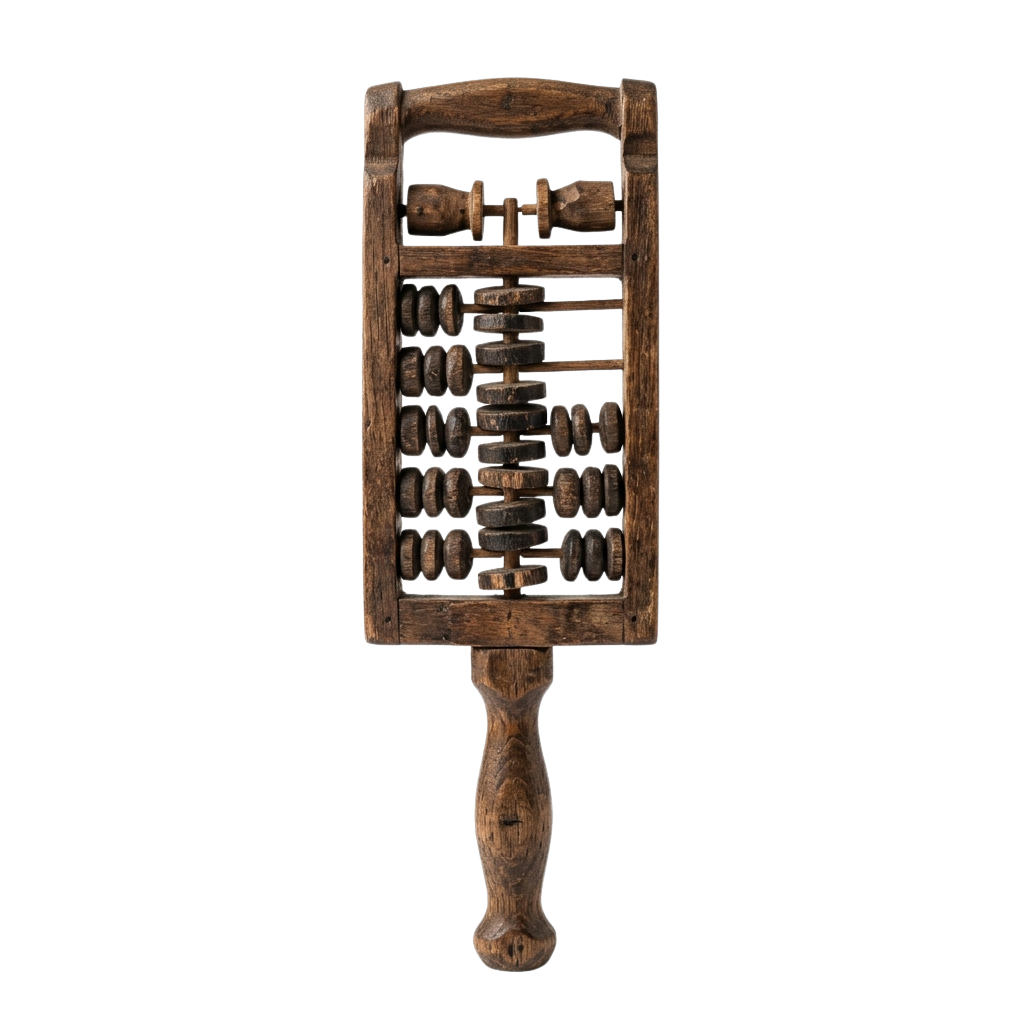 An antique wooden abacus with beads on rods, used for manual calculations.