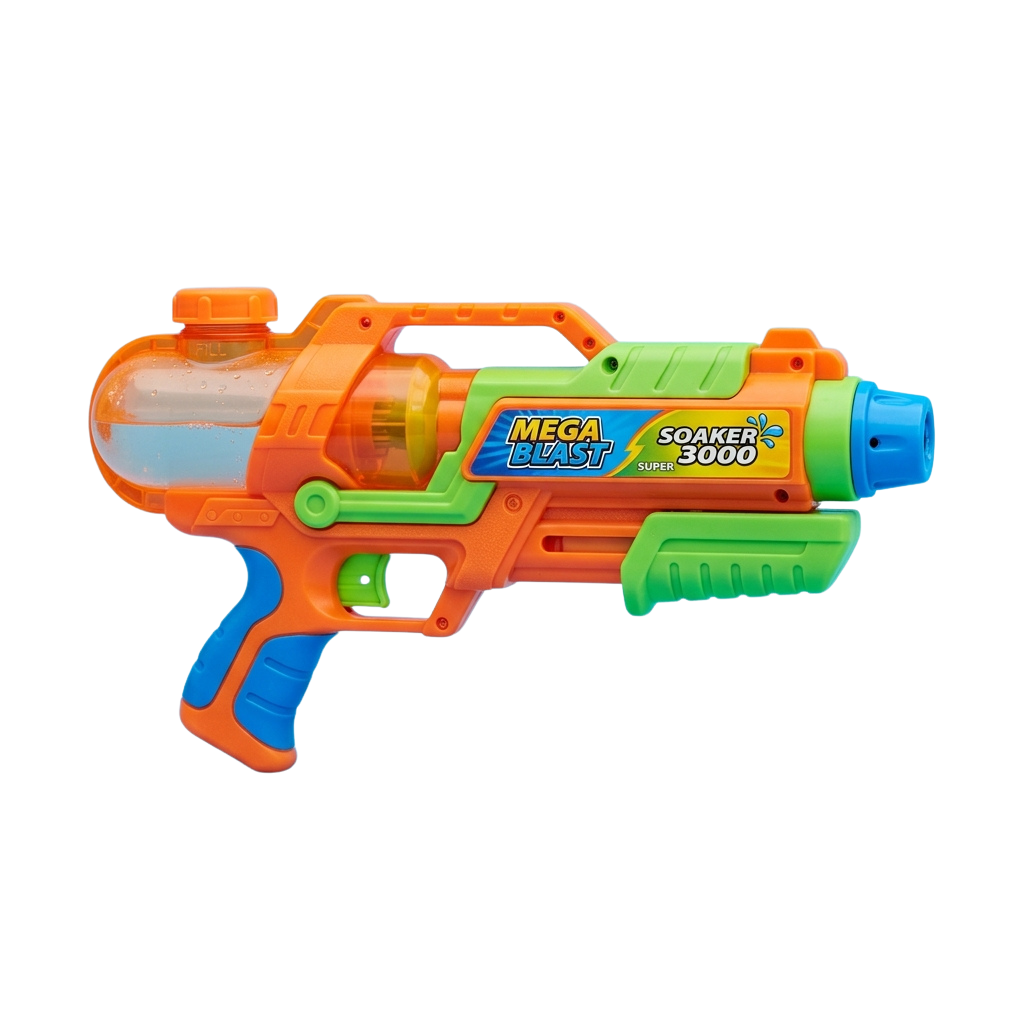 Colorful water gun toy with orange, green, and blue parts labeled Mega Blast Soaker 3000