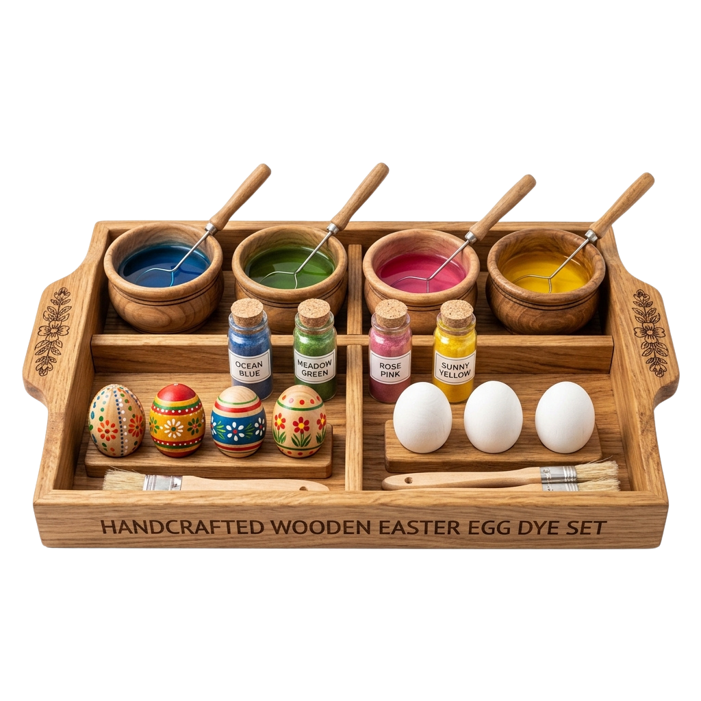 A wooden tray containing an Easter egg dye set with four colored dye bowls, small dye bottles, brushes, and undyed eggs