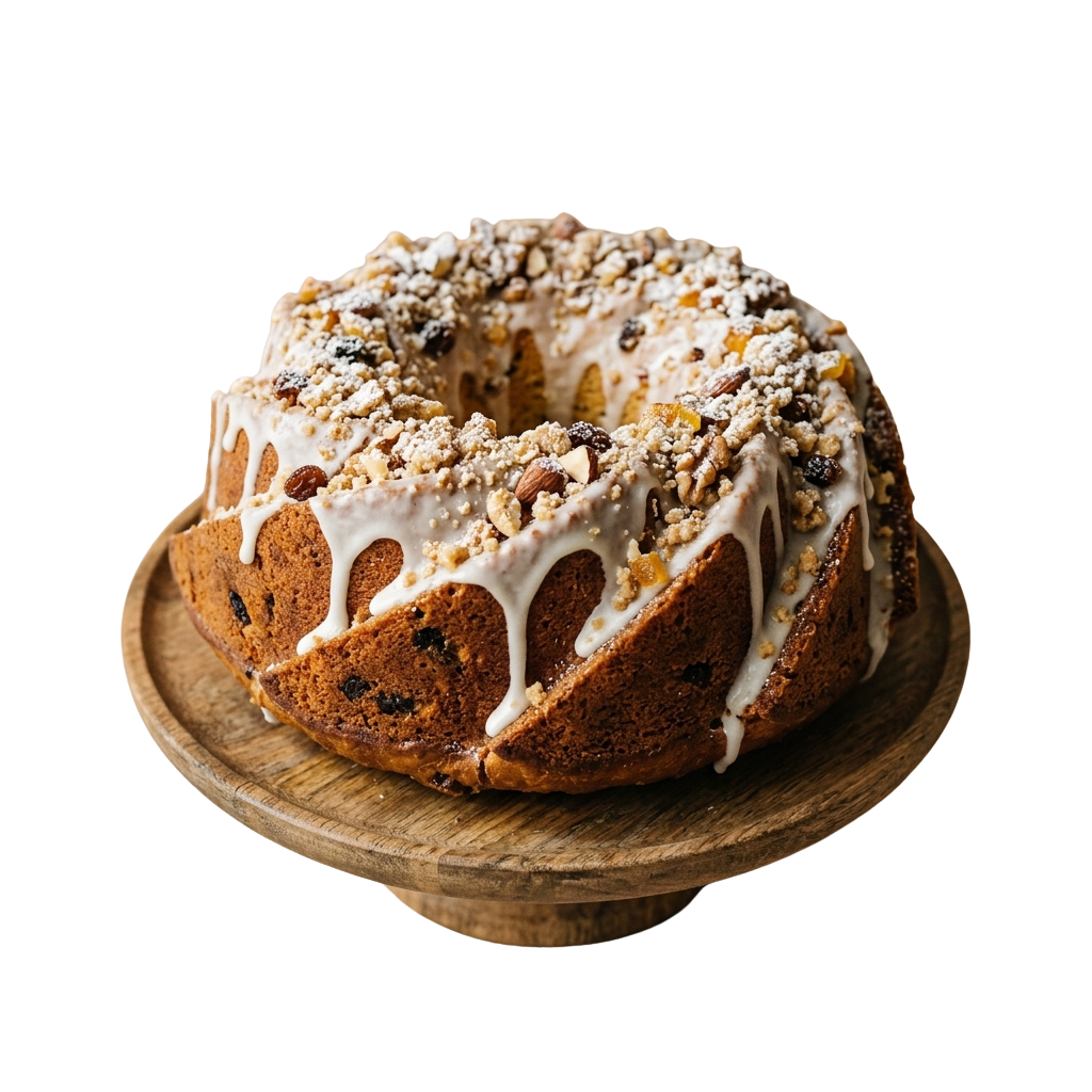 A bundt cake topped with chopped nuts and drizzled with white glaze on a wooden plate