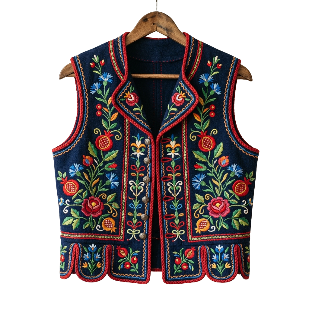 Dark blue embroidered velvet vest featuring colorful floral and fruit designs with red trim