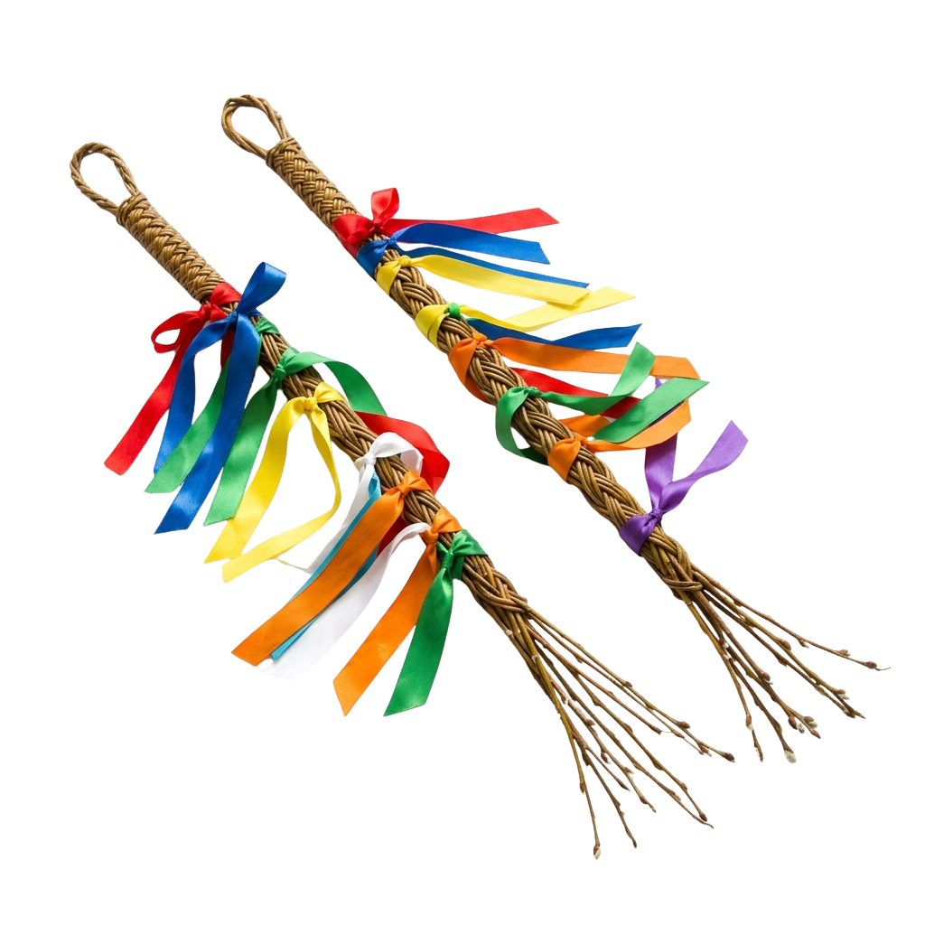 Two braided wands with multicolored ribbons tied in bows and loops