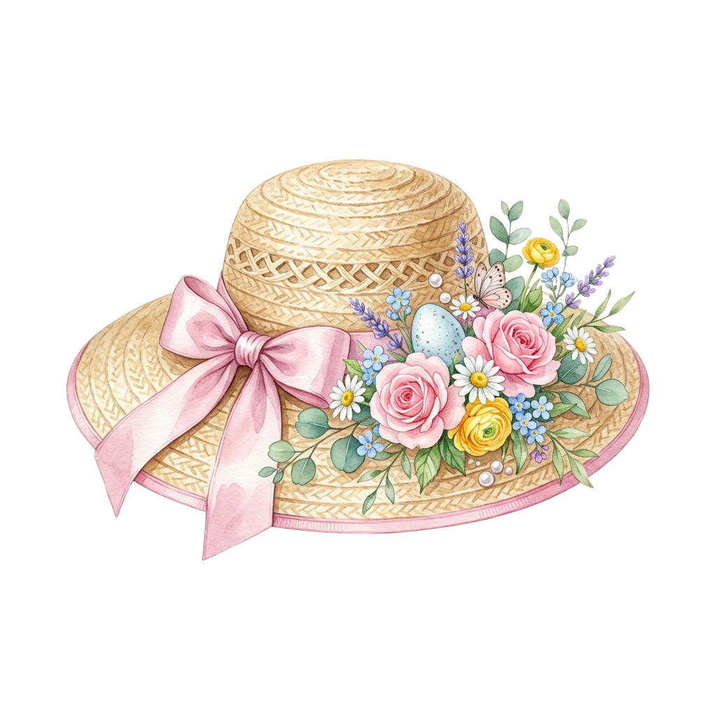 Straw hat adorned with pink ribbon bow and colorful flowers including roses and daisies
