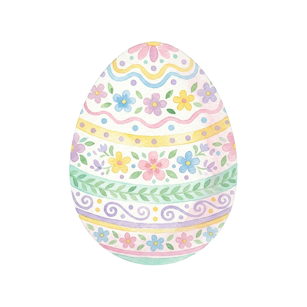 Decorative Easter egg featuring floral patterns and swirls in pastel colors