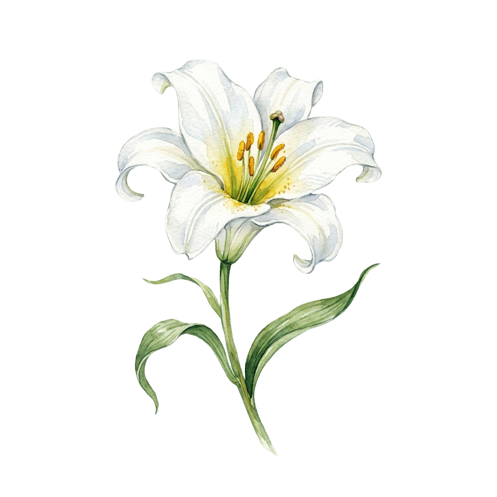 Illustration of a white lily flower with green stem and leaves on a black background