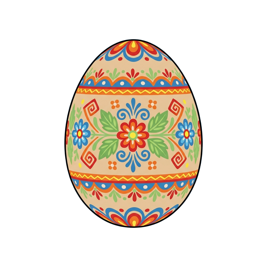 Decorated Easter egg featuring colorful floral and geometric patterns in red, blue, green, and yellow.