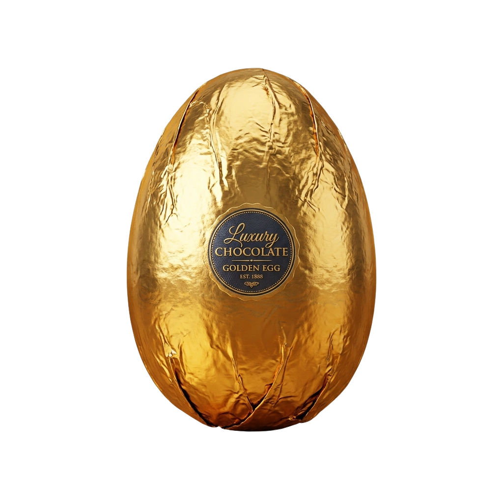 A shiny gold foil-wrapped chocolate egg with a round label reading Luxury Chocolate Golden Egg Est 1888