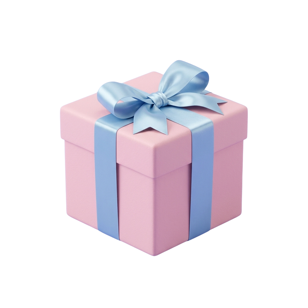 A gift box wrapped in pink paper with a blue ribbon tied in a decorative bow on top