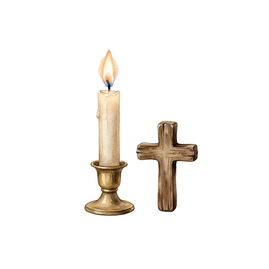 A lit candle in a holder beside a wooden cross on a dark background