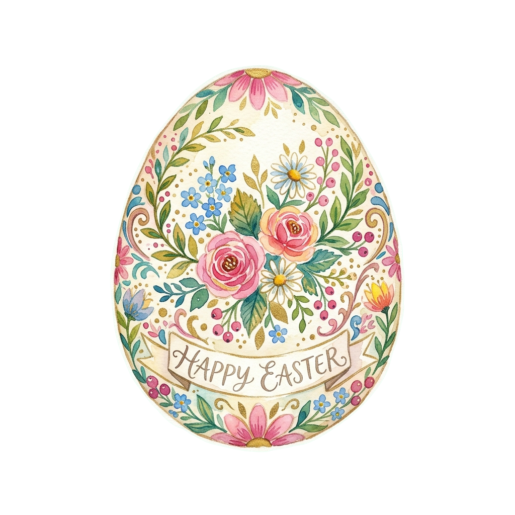 Colorful Easter egg decorated with floral patterns and the text Happy Easter