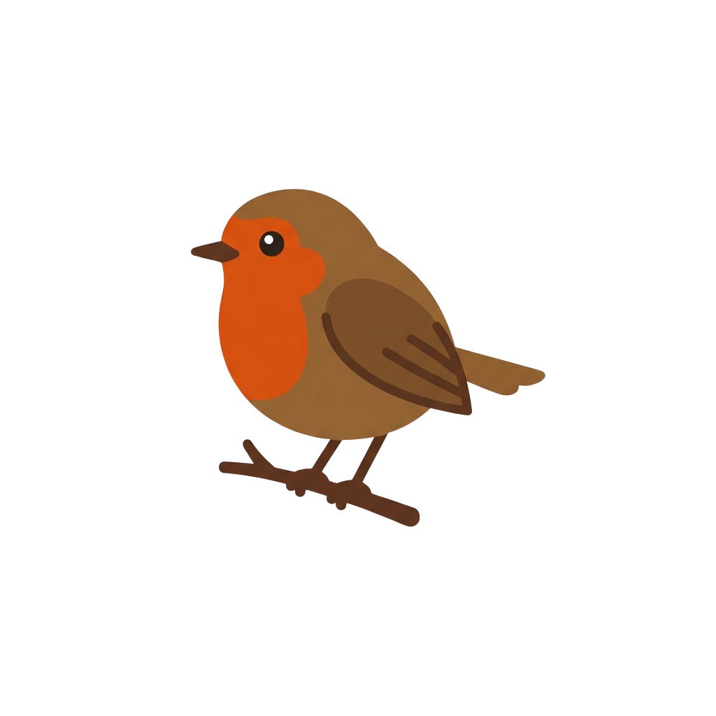 Illustration of a cartoon robin bird with orange chest and brown body standing on one leg