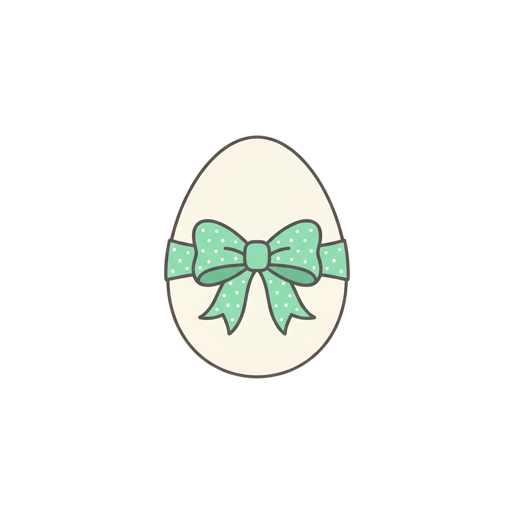 White Easter egg with a green polka dot bow tied around the middle