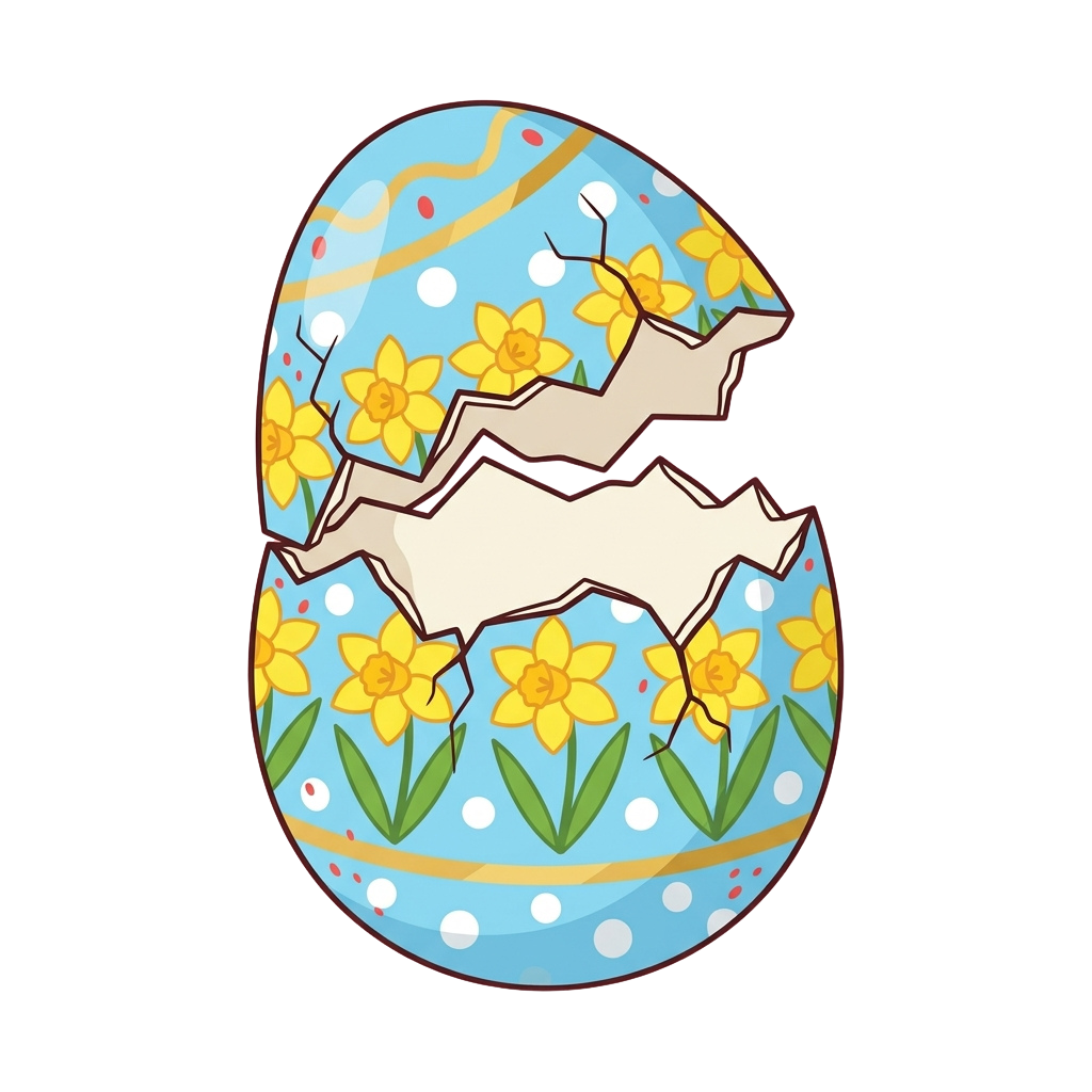 Cracked Easter egg revealing a white bunny emerging from a blue egg decorated with yellow daffodils and white polka dots