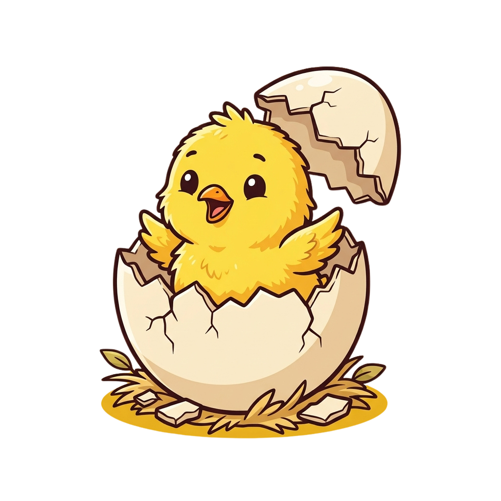 A cheerful yellow chick emerging from a cracked egg with a broken shell nearby.