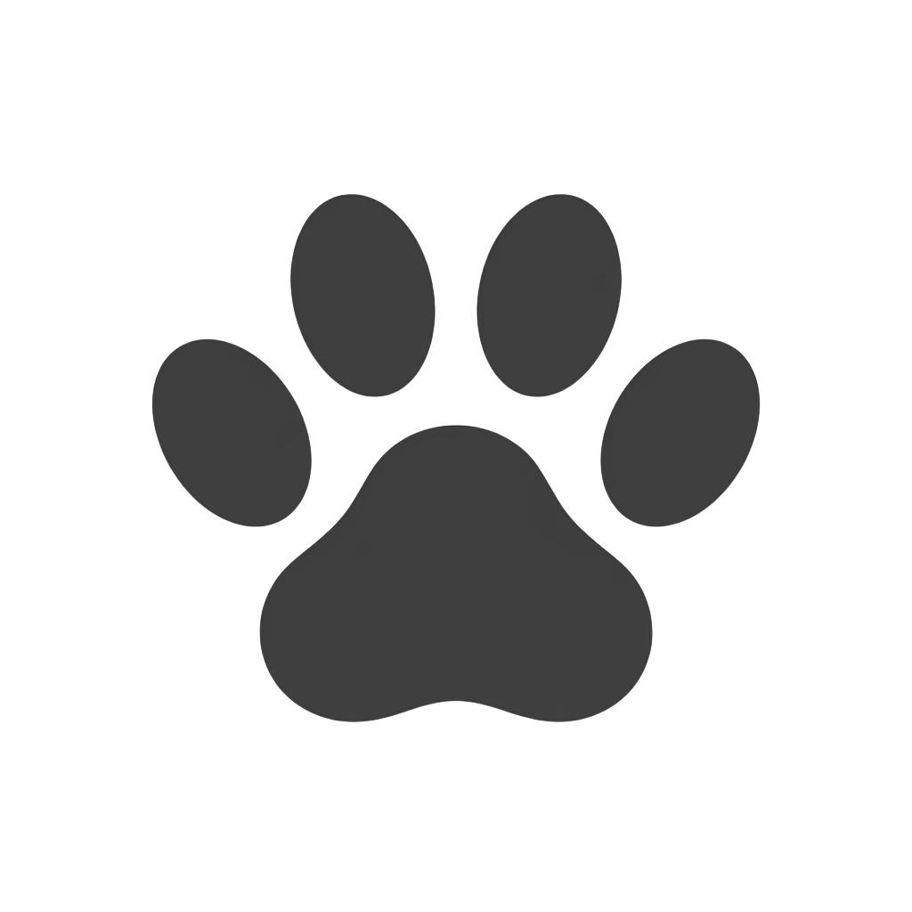 A simple gray paw print icon on a black background with five distinct toe shapes