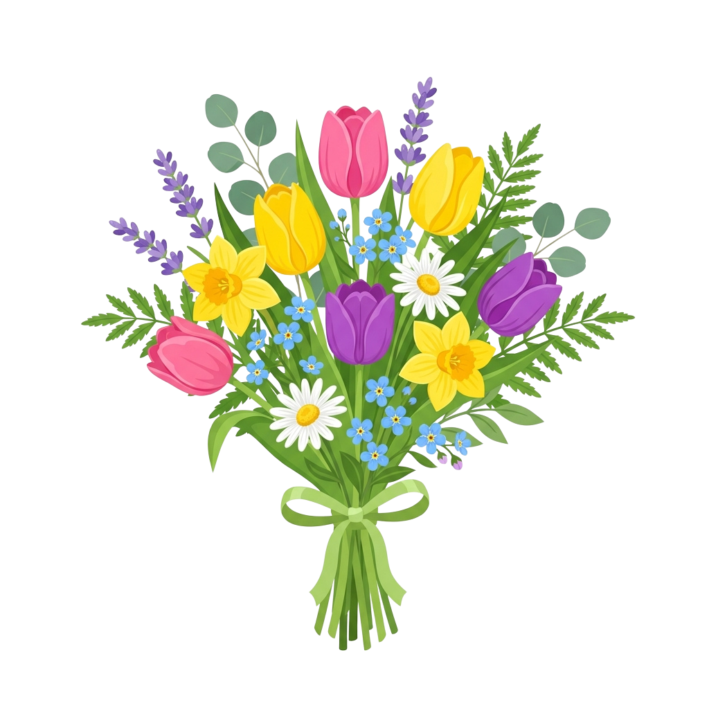 A vibrant bouquet of assorted flowers tied with a green ribbon